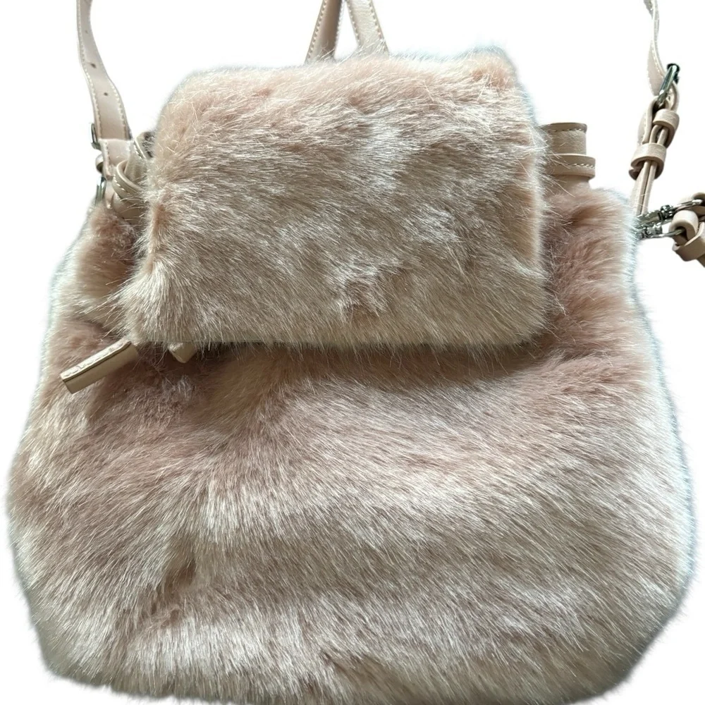 Zara Pink Faux Fur Fuzzy Pink Back Pack Faux Leather Pockets Wristlet NEW